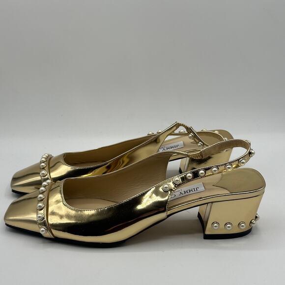 JIMMY CHOO Hya 45 Gold Metallic Slingback Heels Pearl Trim Square Sz 39.5 $995 - Picture 5 of 9